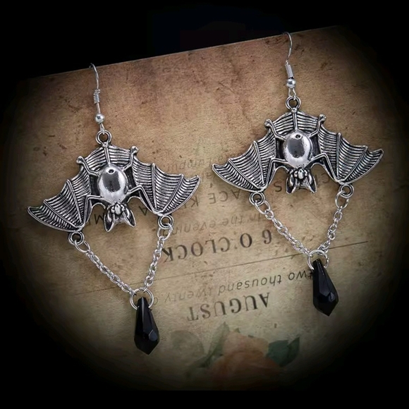 Silver and Black Bat Earrings - Picture 4 of 4